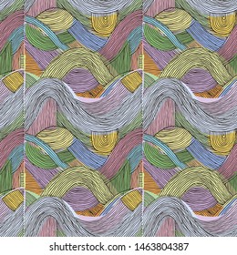 Vector seamless abstract pattern, curved lines, grunge boho background. Dynamical rippled surface, hipster curvature