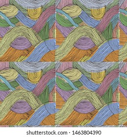 Vector seamless abstract pattern, curved lines, grunge boho background. Dynamical rippled surface, hipster curvature