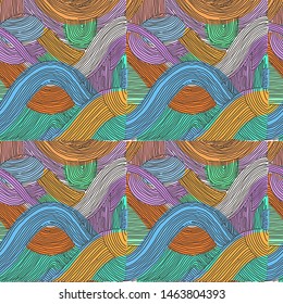 Vector seamless abstract pattern, curved lines, grunge boho background. Dynamical rippled surface, hipster curvature