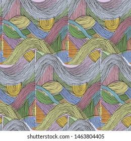 Vector seamless abstract pattern, curved lines, grunge boho background. Dynamical rippled surface, hipster curvature