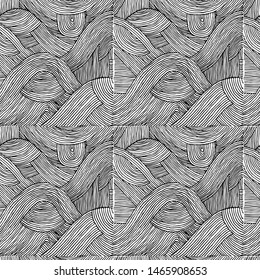 Vector seamless abstract pattern, curved lines, grunge boho background. Dynamical rippled surface, hipster curvature