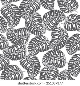 Vector seamless abstract pattern of dark grey stylized monstera leaves on white background