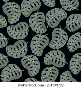 Vector seamless abstract pattern of dark stylized monstera leaves on deep  indigo  background