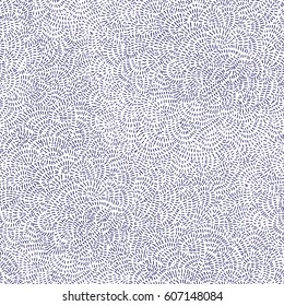 Vector seamless abstract pattern from dark blue hand drawn chaotic round lines on a white background.