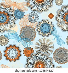 vector seamless abstract  pattern with doodle flowers and flying dragonflies, clipping mask, elements can be used separately