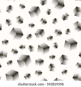 Vector seamless abstract pattern with dotted cubes in a chaotic manner on a white background.