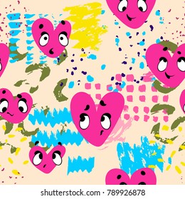 Vector seamless abstract pattern of emoticons funny hearts and graphic elements, brushes, smears, stroke. Vector pattern bright colors.