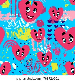 Vector seamless abstract pattern of emoticons funny hearts and graphic elements, brushes, smears, stroke. Vector pattern bright colors.