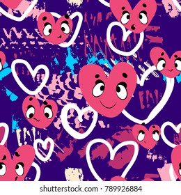 Vector seamless abstract pattern of emoticons funny hearts and graphic elements, brushes, smears, stroke. Vector pattern bright colors.