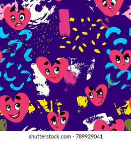 Vector seamless abstract pattern of emoticons funny hearts and graphic elements, brushes, smears, stroke. Vector pattern bright colors.