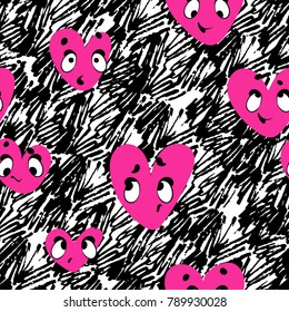 Vector seamless abstract pattern of emoticons funny hearts and graphic elements, brushes, smears, stroke. Vector pattern.