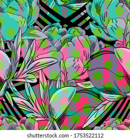 Vector seamless abstract pattern with flowers. Seamless pattern with transparency, stains and splashes.