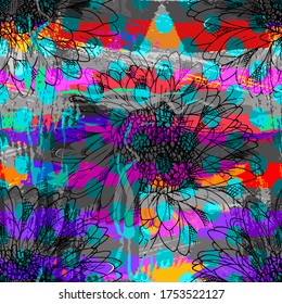 Vector seamless abstract pattern with flowers. Seamless pattern with transparency, stains and splashes.