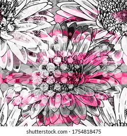 Vector seamless abstract pattern with flowers. Seamless pattern with transparency, stains and splashes.