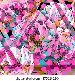 Vector seamless abstract pattern with flowers. Seamless pattern with transparency, stains and splashes.