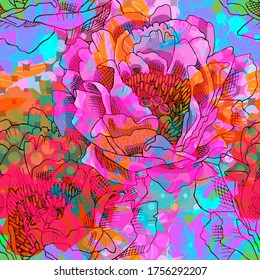 Vector seamless abstract pattern with flowers. Seamless pattern with transparency, stains and splashes.