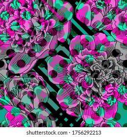 Vector seamless abstract pattern with flowers. Seamless pattern with transparency, stains and splashes.