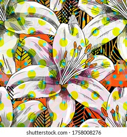 Vector seamless abstract pattern with flowers. Seamless pattern with transparency, stains and splashes.