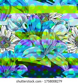 Vector seamless abstract pattern with flowers. Seamless pattern with transparency, stains and splashes.