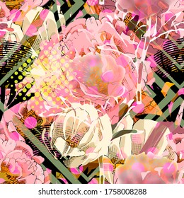 Vector seamless abstract pattern with flowers. Seamless pattern with transparency, stains and splashes.