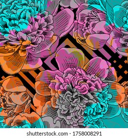 Vector seamless abstract pattern with flowers. Seamless pattern with transparency, stains and splashes.