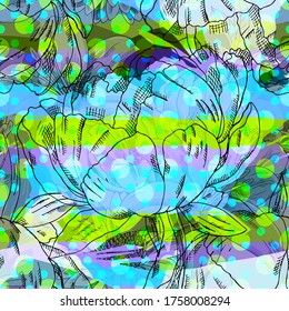 Vector seamless abstract pattern with flowers. Seamless pattern with transparency, stains and splashes.