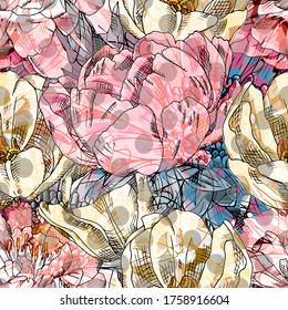 Vector seamless abstract pattern with flowers. Seamless pattern with transparency, stains and splashes.