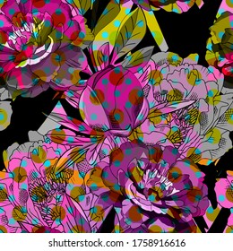 Vector seamless abstract pattern with flowers. Seamless pattern with transparency, stains and splashes.