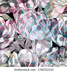 Vector seamless abstract pattern with flowers. Seamless pattern with transparency, stains and splashes.