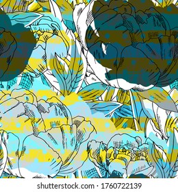 Vector seamless abstract pattern with flowers. Seamless pattern with transparency, stains and splashes.