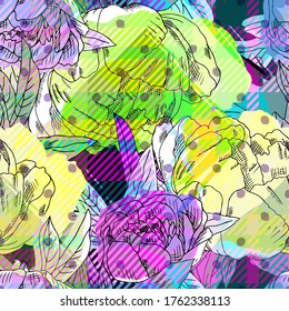 Vector seamless abstract pattern with flowers. Seamless pattern with transparency, stains and splashes.