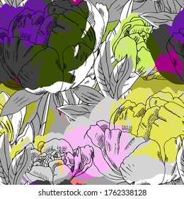 Vector seamless abstract pattern with flowers. Seamless pattern with transparency, stains and splashes.