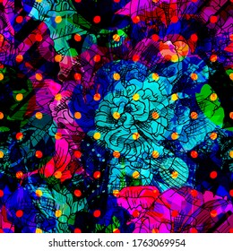Patrón abstracto vectorial sin fisuras con flores. Patrón sin inconvenientes con transparencia, manchas y salpicaduras.