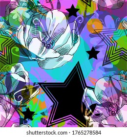 Vector seamless abstract pattern with flowers. Seamless pattern with transparency, stains and splashes.