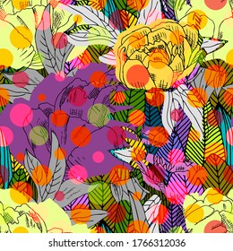 Vector seamless abstract pattern with flowers. Seamless pattern with transparency, stains and splashes.