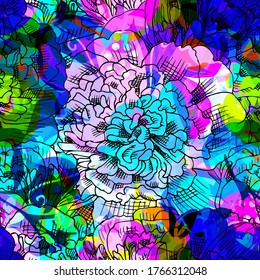 Vector seamless abstract pattern with flowers. Seamless pattern with transparency, stains and splashes.