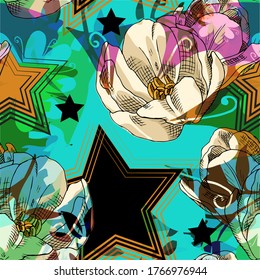 Vector seamless abstract pattern with flowers. Seamless pattern with transparency, stains and splashes.