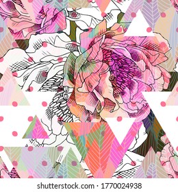 Vector seamless abstract pattern with flowers. Seamless pattern with transparency, stains and splashes.