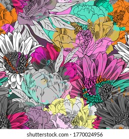 Vector seamless abstract pattern with flowers. Seamless pattern with transparency, stains and splashes.