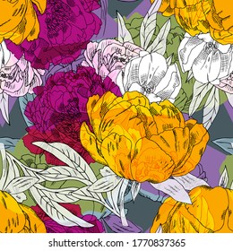 Vector seamless abstract pattern with flowers. Seamless pattern with transparency, stains and splashes.