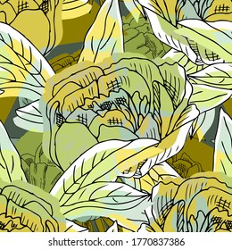 Vector seamless abstract pattern with flowers. Seamless pattern with transparency, stains and splashes.