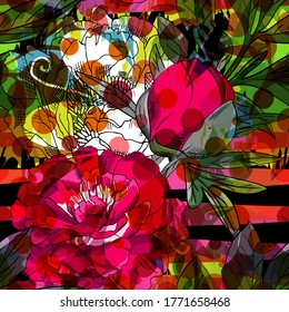 Vector seamless abstract pattern with flowers. Seamless pattern with transparency, stains and splashes.