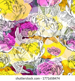 Vector seamless abstract pattern with flowers. Seamless pattern with transparency, stains and splashes.