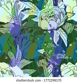 Vector seamless abstract pattern with flowers. Seamless pattern with transparency, stains and splashes.