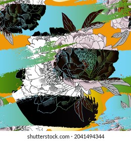 Vector seamless abstract pattern with flowers. Seamless pattern with transparency, stains and splashes.