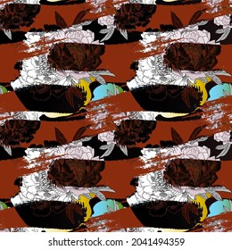 Vector seamless abstract pattern with flowers. Seamless pattern with transparency, stains and splashes.