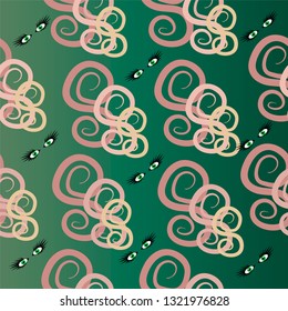 Vector seamless abstract pattern with geometric symbols and green eyes.