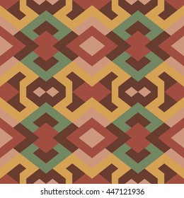 Vector seamless abstract pattern in green, brown and red colors. Background of triangles. Mosaic texture for wrapping paper, textile, wallpaper design, book cover, clown and carpeting
