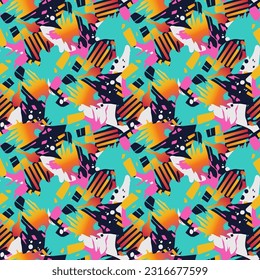Vector seamless abstract pattern. Grunge background multicolored spots and lines. Geometric wallpaper in youth style. Modern template for textiles and packaging, fabrics for boys and girls, teenagers