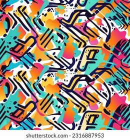 Vector seamless abstract pattern. Grunge background multicolored spots and lines. Geometric wallpaper in youth style. Modern template for textiles and packaging, fabrics for boys and girls, teenagers.